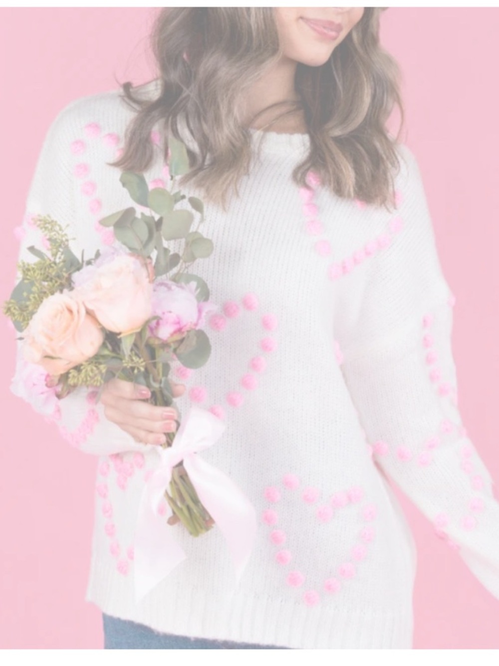 NWOT Pink Lily Cream Sweater with Pink Heart Pom-Pom Details